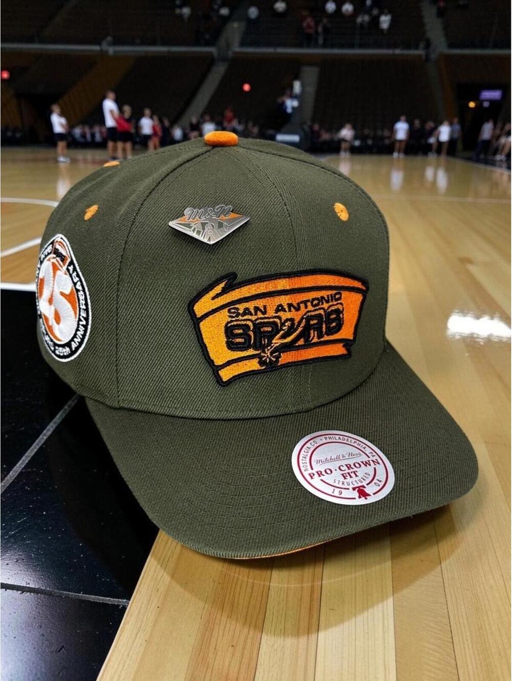 San Antonio Spurs Metallic Orange Logo on Olive Pro-Crown Fit M&N Snapback + Pin